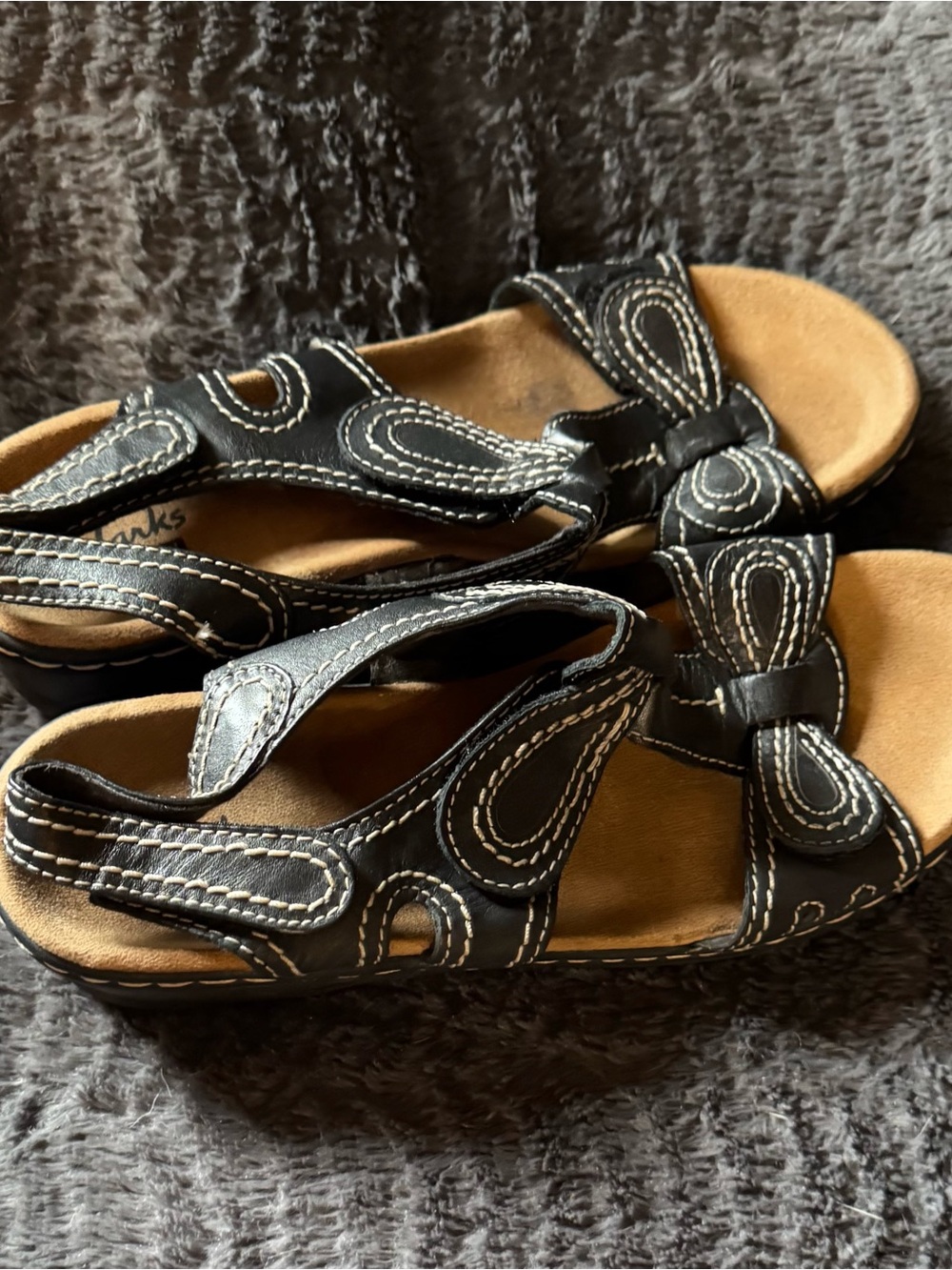 Clarks Black Leather Strap Sandals with Contrast Stitching